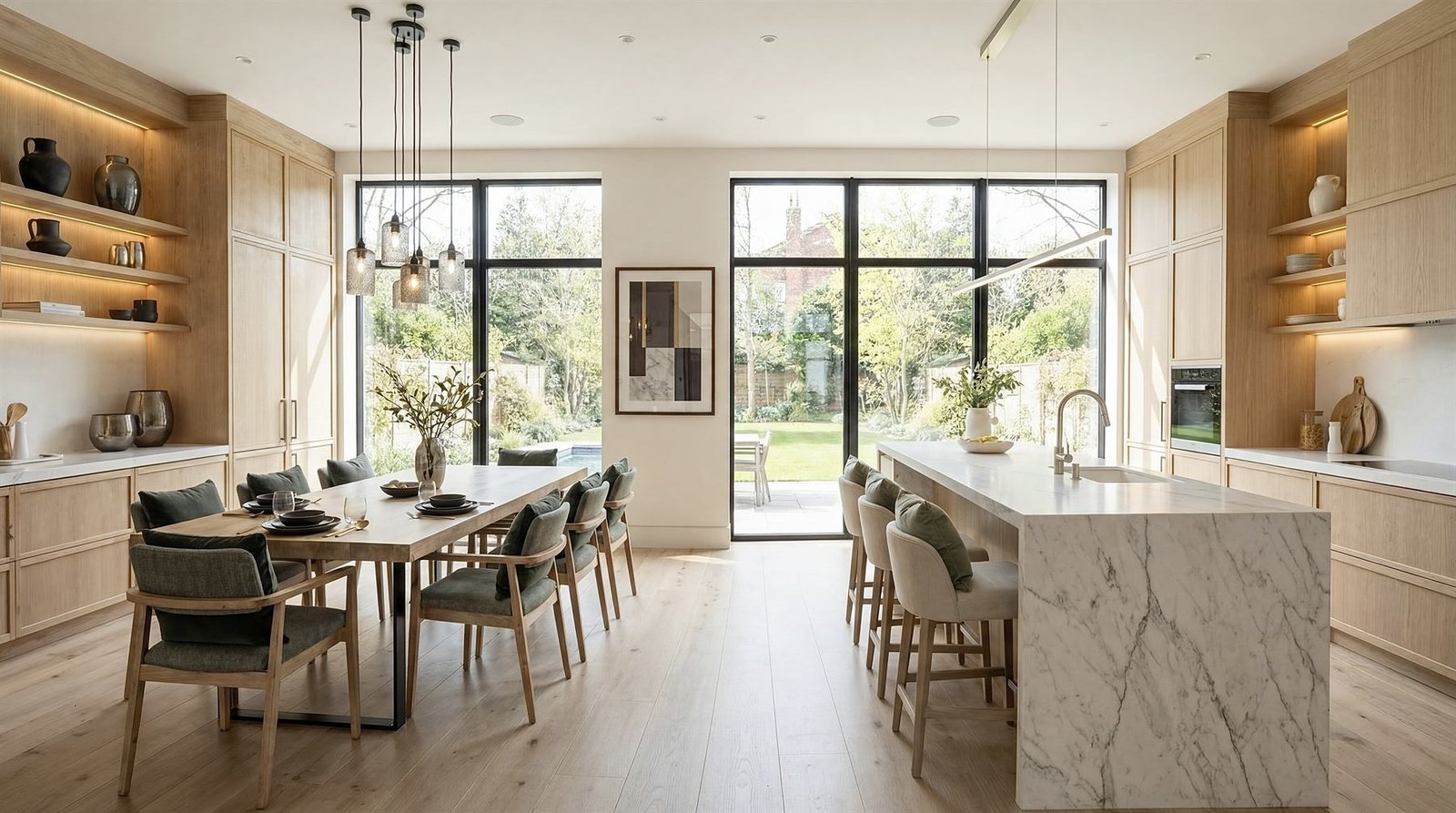 Cocina integrada con isla de mármol y comedor junto a un ventanal