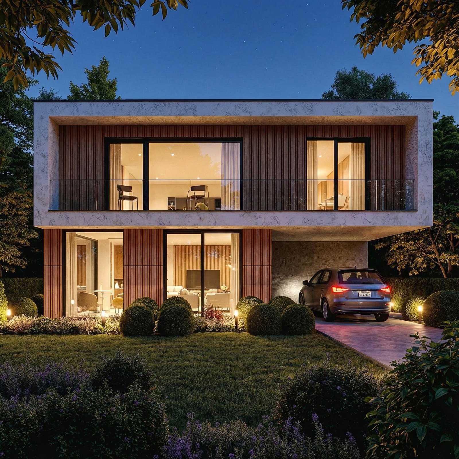 Fachada de vivienda contemporánea de dos plantas iluminada de noche