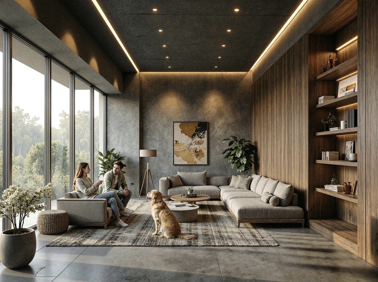 Living con biblioteca de madera y ventanal de piso a techo