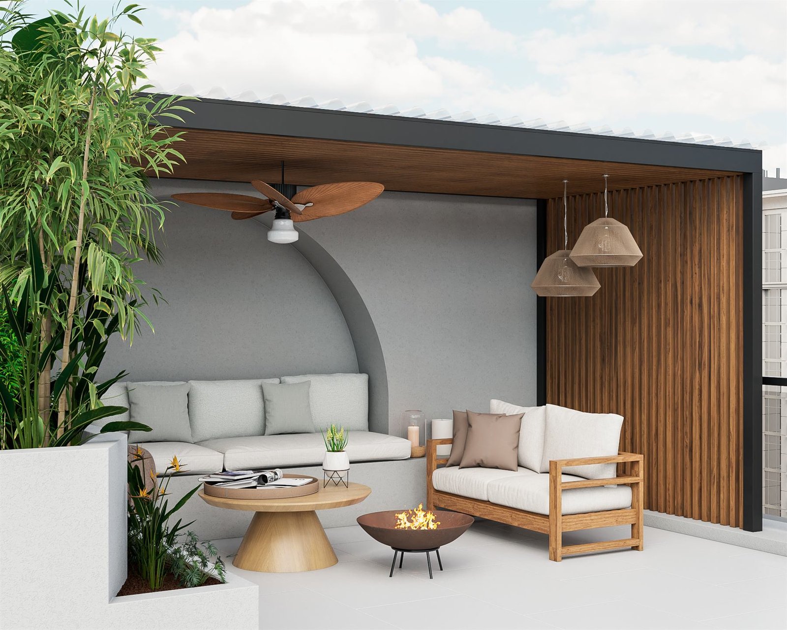 Terraza con pérgola de madera, sillones, vegetación y hogar a leña