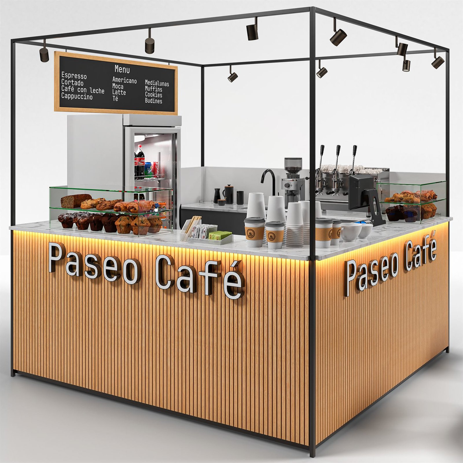 Stand de cafetería con frente de listones de madera y luz cálida